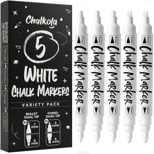 Image of Chalkola 5 White Chalk Markers - Dual tip, Bullet & Chisel Tip (1mm, 3mm, 5mm) | Erasable Liquid Chalk Pens for Blackboard, Chalkboard Signs, Car Window, Bistro, Glass | Washable Chalkboard Markers