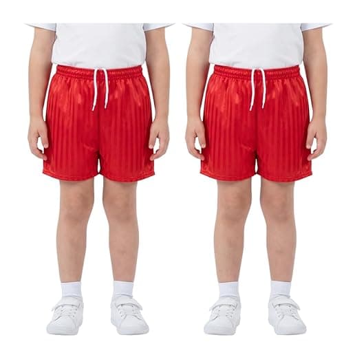 Image of Pack of 2 Unisex PE Shorts Kids Boys Girls Adults School Sports Shadow Stripe Elasticated Waist Drawstring Gym Football Games Uniform Shorts Made in UK Red 9-10 Years