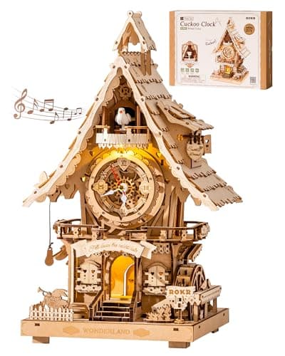 Image of ROKR 3D Wooden Puzzle Wooden Model Kits for Adults, Model Kits Craft Gifts and Decoration for Adults, Cuckoo Clock Wood Color, LC901