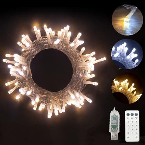 Image of YUCHOI USB Powered LED Christmas Lights, Color Changing Warm to Multi String Fairy Lights On Clear Cable with Remote Control, for Indoor/Outdoor Xmas Tree Deco Party (100LEDs-10M)