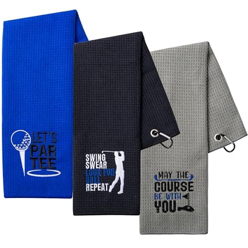 Image of A1DIEE Microfibre Absorbent Golf Towel - 3pcs Men Black Clean Golf Ball Towels Embroidery Pattern Golf Towels with Carabiner Clip for Golf Bags Sport Gift Accessories for Dad Husband Golfers