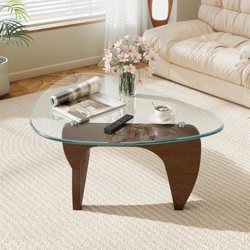 Image of Fijinhom Triangle small Glass Coffee Table, Industrial coffee table for Living Room, Modern side table for Office & Reception, Clear Tempered Glass Top & Walnut Wood Style MDF Legs, 80cm
