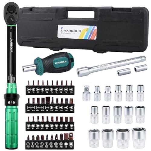 Image of Uharbour 1/4" Torque Wrench Set 3-25 Nm, 60PCS Bike Torque Kit with 40-Piece Bit Set (Hex/Torx/PH/PZ/SL), 15pc Sockets (4-15mm), Extension Rod & Screwdriver Handle for Bicycle & Motorcycle