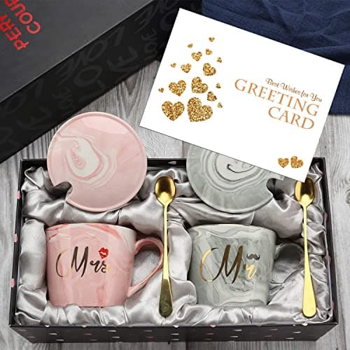 Image of EXREIZST Mr and Mrs Coffee Mugs - Wedding Gifts-for Bride and Groom， Bridal Shower Engagement Gifts aAnniversary Gift -for Married Couples -12oz Ceramic Marble Cups (Oval)