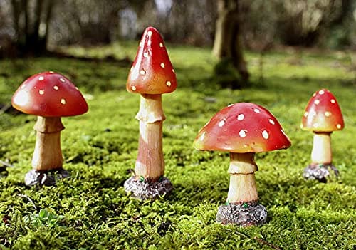 Image of Garden Mile 4pc Red Toadstool Mushroom Garden Ornaments Outdoor indoor Fairy Garden Accessories Weatherproof Mushroom Ornaments For All Year Round Perfect for Flowerbeds Plant Pots Outdoor Decor