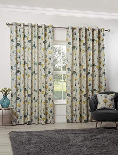 Image of Camarillo Floral Eyelet Curtains 90 x 54 Ochre Lined Watercolour Flowers