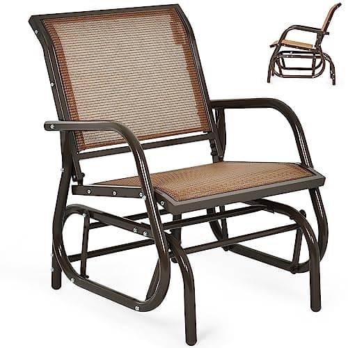 Image of RELAX4LIFE Garden Glider Chair, Outdoor Metal Frame Rocking Seat with Armrest, Single Gliding Swing Armchair for Patio, Porch and Poolside (Brown)