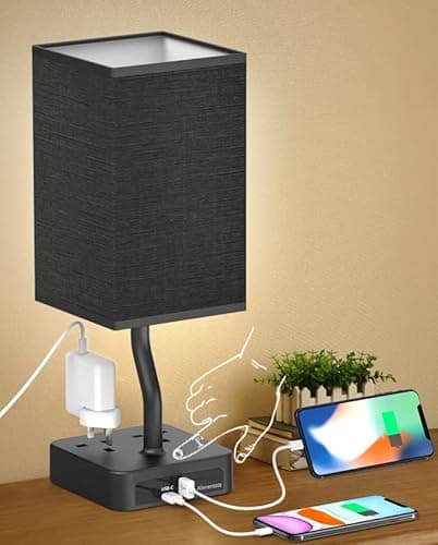 Image of Alimentata Bedside Table Lamp, Touch Control Nightstand Bedroom Lamp with USB C & USB A Charging Ports, 2 Way Outlets, Minimalist Black Fabric LED Desk Night Light for Living Room Office