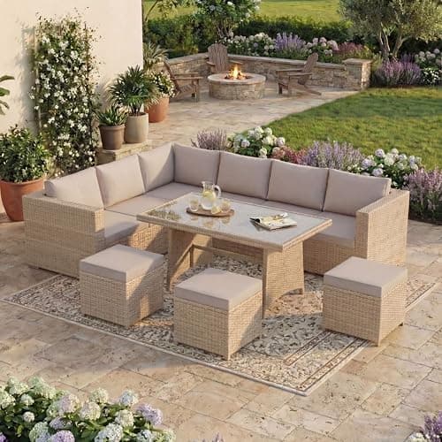 Image of Garden Vida Belgrave 9 Seater Rattan Set | Natural | Complete Outdoor Garden Dining Table Set | Steel Frame & PE Wicker | UKFR Certified | Weather Resistant, Tempered Glass, and with Cushions