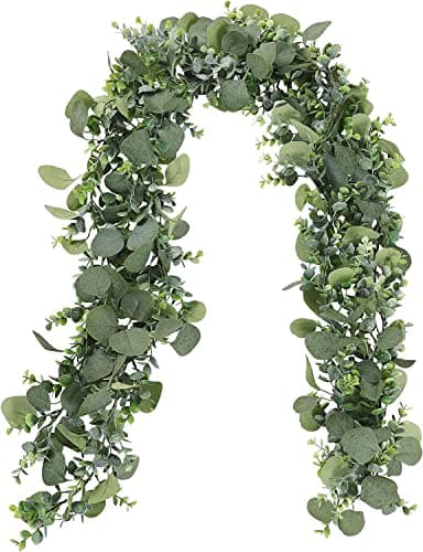 Image of LOMOHOO Eucalyptus Garlands,2 Pack 5.7ft Long Artificial Mixed Eucalyptus Leaves Vine,Greenery Garland Hanging Plants for Farmhouse Table Centerpiece Mantel Wedding Arch Christmas Decor