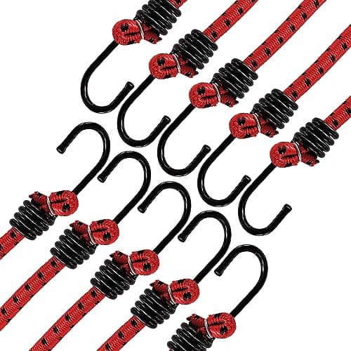 Image of ANSIO Bungee Cords with Hooks 16”-40cm Pack of 10 UV-Resistant Elastic Straps Ideal for Securing Luggage, Racks,Camps, Motorcycle, Tarps,Garden Furniture, Hand Truck,DIY Storage Multi-Purpose-Red