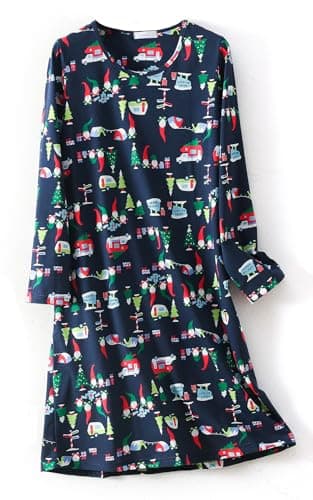 Image of CHUNG Women Nightdress Ladies Nightie Long Sleeve Crew Neck Cotton Sleepwear Cute Pattern Print Loungwear Spring Summer Navy Xmas XL