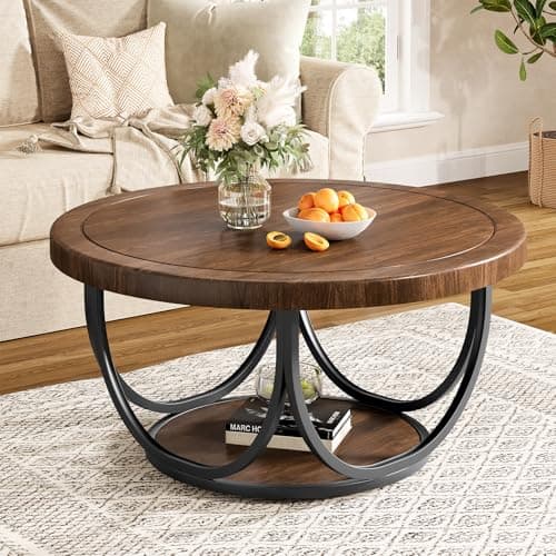 Image of Tribesigns Round Coffee Table with 2 Tiers, 80CM Wooden Circle Accent Cocktail Table with Storage Shelf and Metal Frame, Industrial Center Tables for Living Room, Brown & Black