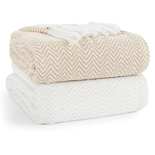 Image of EHC PAIR Pack Chevron Cotton Throws for Sofa Settees Chair Cover Blanket, 127 x 152cm (Pack of 2) - Ivory/Tan