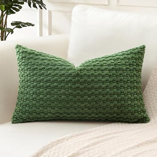 Image of Artscope Pom Poms Decorative Corduroy Cushion Cover 30x50cm Super Soft Boho Striped Lumbar Pillow Covers Case Geometric for Sofa Couch Bedroom Car Decor Set of 1, Forest Green