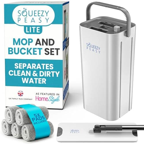 Image of SqueezyPeasy Lite Flat Mop and Bucket Set | 3 Chamber Mop and Buckets Sets Separate Dirty Water | Multi-Functional Wash & Dry Mop with 5 Reusable Pads for All Hard Floors