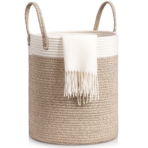 Image of Tesmien Laundry Basket, Toy Storage Basket for Kids Baby, Large Foldable Woven Storage Baskets Cotton Rope Blanket Baskets with Handle,Organiser Nursery Decor Laundry Hamper, Khaki+White (35x40cm)