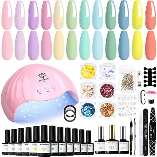 Image of Modelones Gel Nail Kit - 12 Colors Pink Macaron Candy Colors Gel Nail Polish Set with Lamp Starter Kit, Glossy & Matte Top and Base Coat, Manicure Tools for Beginner DIY at Home
