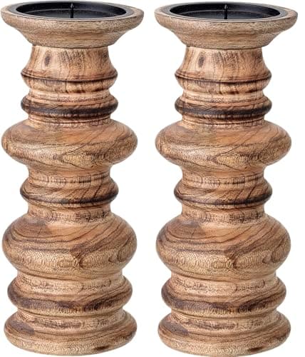 Image of Set of 2 Rustic Wooden Pillar Candle Holders – Wooden Sculpted Decorative Candle Stand Set for Home Decor, Mantel, Dining Table & Living Room – Fits Standard Pillar Candles