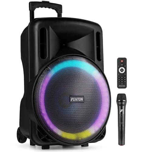 Image of Fenton FT15LED MK2 15" Portable PA System - 800W Bluetooth Wireless Speaker with Microphone, Rechargeable Battery, LED Lights, USB & MicroSD Playback for Party, Karaoke and Events