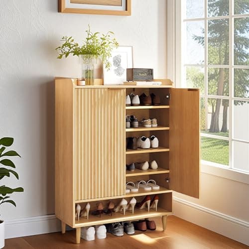 Image of Bonnlo Shoe Storage Cabinet with Louvered Doors, 80cm Shoe Cabinet – Oak Finish, 5 Adjustable Shelves, 20lbs Load Capacity, Anti-Tip, Conical Legs