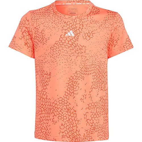 Image of adidas Girl's AEROREADY 3-Stripes Allover Print Tee, Coral Fusion/Preloved Red/Reflective Silver, 7-8 Years