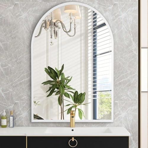 Image of HLFMVWE Arched Wall Mirror, Brushed Metal Frame Mirror, Arched Bathroom Vanity Mirror for Living Room Bedroom Mantel Entryway Hallways Home Decor Aluminum Alloy Frame 40 x 50CM