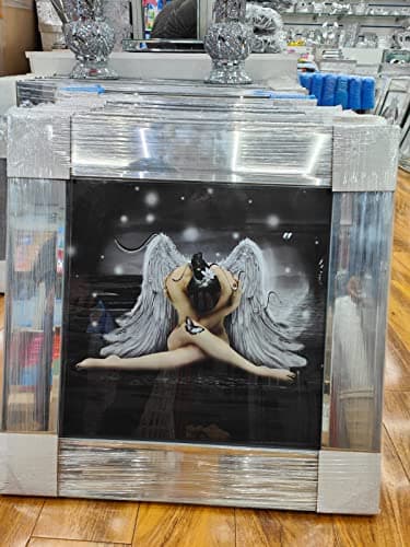 Image of Biznest MODERN LIQUID GLITTER WALL ART WITH MIRRORED EDGES 50X50CM (SITTING ANGEL WITH WINGS)