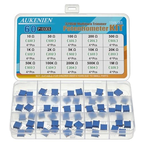 Image of AUKENIEN 15 Values 60pcs Variable Resistors 10 50 100 200 500 1K 2K 5K 10K 20K 50K 100K 200K 500K 1M Ohm 3296W Trim Potentiometer Assortment Kit