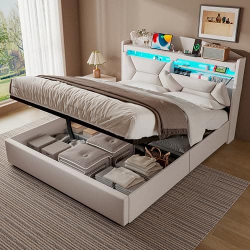 Image of ZUUYEE King Size Bed Frame 5ft with LED, USB C, Ottoman Bed King Size with Lift Up Storage and Headboard, Beds, Frames and Bases with Slats Metal Bedframe, Linen, Beige, 150x200 cm, Without Mattress