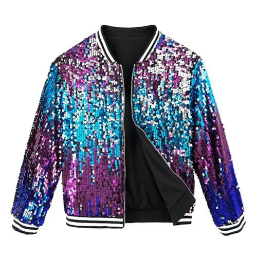 Image of LOLANTA Girls Sequin Bomber Jacket with Pockets Zipper Long Sleeve Sparkle Baseball Jackets, Ombre Purple blue, 10-11 Years, 150