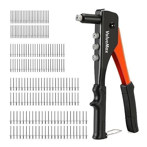 Image of ValueMax 4-in-1 Rivet Gun Set with 200 Rivets, Pop Riveter with 4 Sizes Interchangeable Nosepieces 3/32"(2.4mm), 1/8"(3.2mm), 5/32"(4.0mm), 3/16"(4.8mm), Heavy Duty Pop Rivet Gun Kit