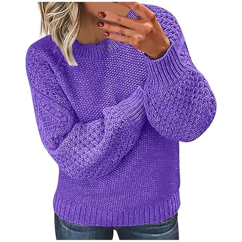 Image of RLEHJN Winter Jumpers for Women UK Clearance Chunky Knit Jumpers Plain Knitted Jumpers Ribbed Cuffs Long Sleeve Pullover Tops Solid Color Crew Neck Knitwear Ladies Jumpers 8-22 Purple