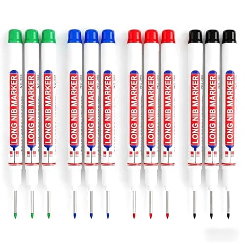 Image of Lumoia 12PCS Long Nib Marker Pens, 20mm Deep Hole Marker Pen Waterproof Quick Dry Construction Permanent Marking Tool Colorfulfor Woodworking Metal Carpenters Builders Hardware (Black/Blue/Red/Green)