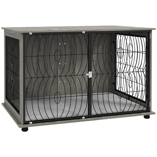 Image of PawHut Dog Crate Furniture, Dog Cage End Table with Large Top, Soft Washable Cushion, Lockable Front Door, Wire Mesh Ventilation, Indoor Pet Crate for Extra Large Sized, 118 x 75 x 82cm - Grey