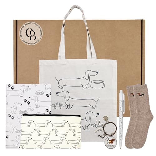 Image of Clermont Bundles Dachshund Gift Set for Women & Men - Sausage Dog Gift Hamper. Bundled with Socks, Notepad & Pen, Keyring, Makeup Bag, Tote Bag