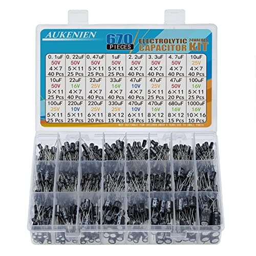 Image of AUKENIEN Electrolytic Capacitor Kit 24 Values 670pcs Aluminum Industrial Electrical Radial Capacitors Assortment Set from 0.1uF to 1000uF 10V 16V 25V 50V Capacitadores