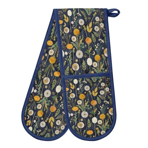 Image of Yellow Oven Mitts Heat Resistant Dandelion Double Oven Gloves with Loop Non-Slip Cute Meadow Design Cotton Gloves Extra Long for Kitchen Cooking Baking Barbecue Grilling