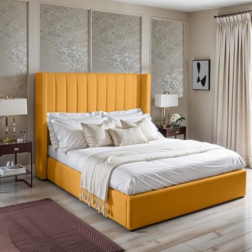 Image of Living Comfort Bedz – Victoria Lined Panel Wingback Bed - Plush Velvet Headboard & Footboard - Gas Lift & Slats Base (Mustard, Double - Gas Lift)