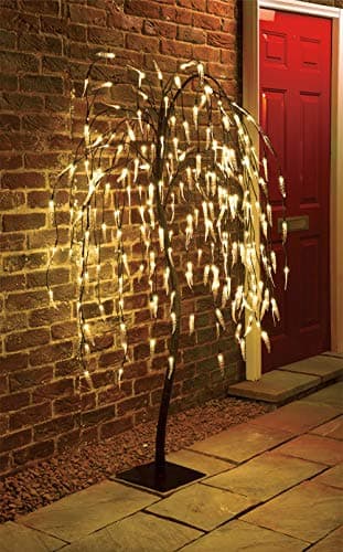 Image of spot on dealz® 5 FT Weeping Willow Trees for Garden Lights Solar Powered Outdoor Decorations 240 LED Solar Tree Lights with Metal Flat Base Garden Ornaments for Home Display Warm White