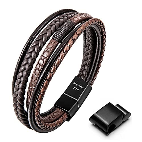 Image of Speroto Men's Adjustable Premium Leather Bracelet in Black and Brown with Stainless Steel Magnetic Clasp, Multi-Layer Braided Genuine Leather Bracelet Gift Idea for Men/Women