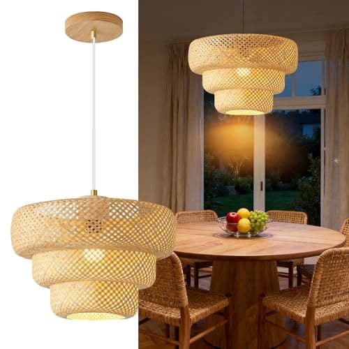 Image of Mikeru Bohemian Bamboo Pendant Light, 45cm Vintage Handmade Rattan Pendant Lighting for Tea Room, Cafe, Dining Room