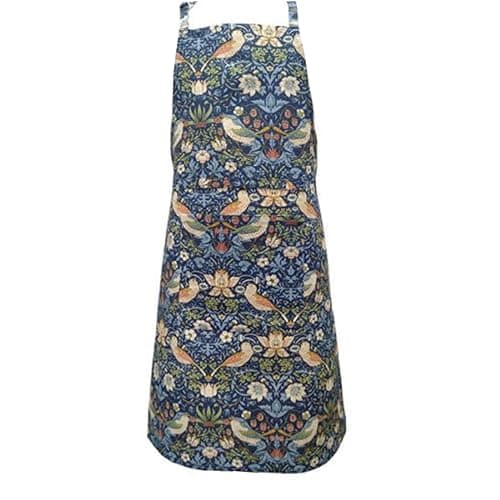 Image of Auntie Morags Le Chateau William Morris Navy Blue Strawberry Thief Cotton Apron - Kitchen Linens Gifts - Adjustable Halter Neck Adults Apron