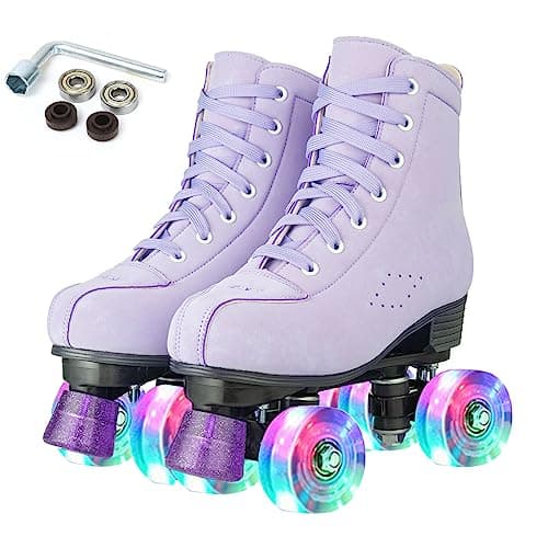 Image of XUDREZ Women Roller Skates High Top Shoes Double Row Shiny Roller Derby Skates Four Wheel Unisex PU Classic Skates for Girl Beginner Indoor Outdoor (Light purple flashing wheel,Uk4)