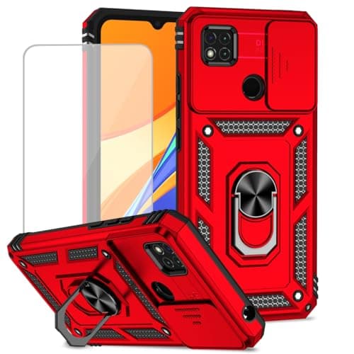 Image of Bioyuangig Case for Xiaomi Redmi 9C/Redmi 10A/Redmi9C NFC/9 Activ Cases with Tempered Glass Screen Protector & Slide Camera Cover, Magnetic Ring Stand Shockproof Cover for Xiaomi Redmi 10A Red