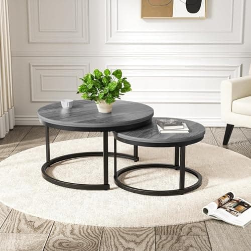 Image of Hawthyhome Round Nesting Coffee Table Set of 2, Modern Side Tables with Metal Frame, Industrial Stacking End Tables for Living Room Bedroom Office, 60 * 60 * 45cm, Grey