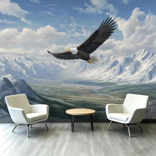 Image of Photo Wallpaper 200 x 140 cm - Non-Woven Premium Art Print Fleece Wall Mural Decoration Poster Picture Design - Nature Bald Eagle Snow Mountain Blue Sky - Office Living Room Focal Wall