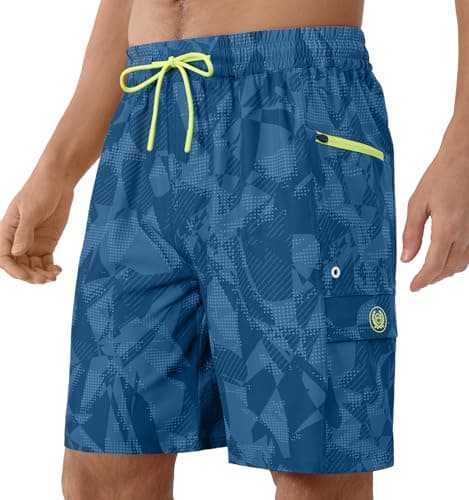 Image of APTRO Mens Swimming Shorts 9" with No Mesh Lining Quick Dry Board Shorts Swim Trunks Athletic Shorts with Zip Pockets Geometric Dark Blue L
