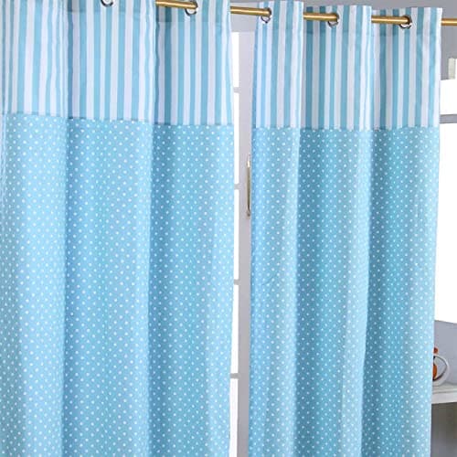Image of HOMESCAPES 100% Cotton Unlined Eyelet Curtain Pair - Polka Dots - Blue - 117cm (46") Wide x 137cm (54") Drop
