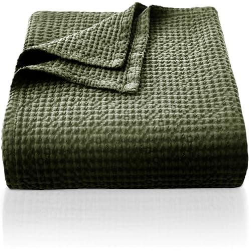 Image of CHUFFED 100% Cotton Waffle Blanket Bed Throw Double Size-Throw Blanket for Bed Sofa Travel-Soft Lightweight Breathable Blankets and Throws for All Season Olive Green Throw 150x200cm